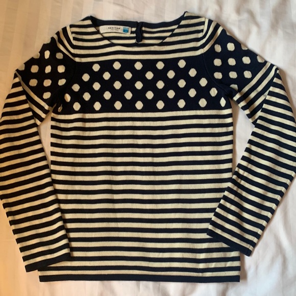 Anthropologie Sparrow navy/cream stripes/polka dot fine knit crew neck EUC - Picture 1 of 4